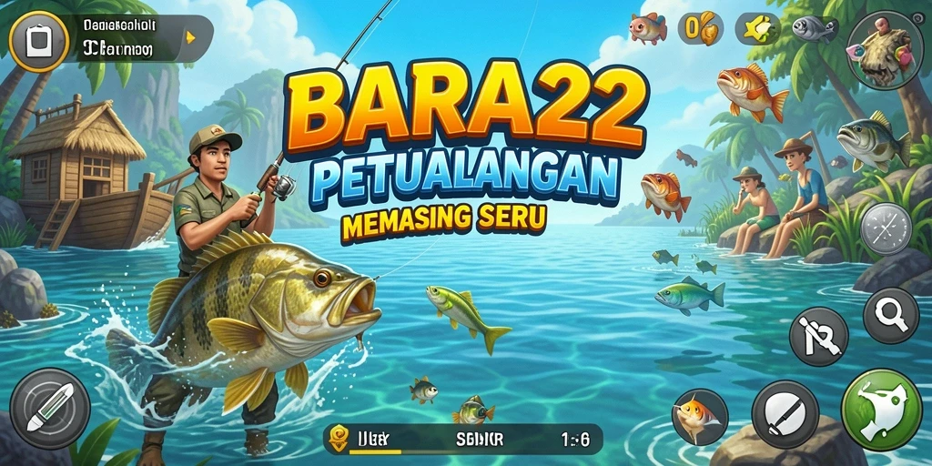 Screenshot gameplay utama BARA22 menunjukkan aksi memancing yang seru.