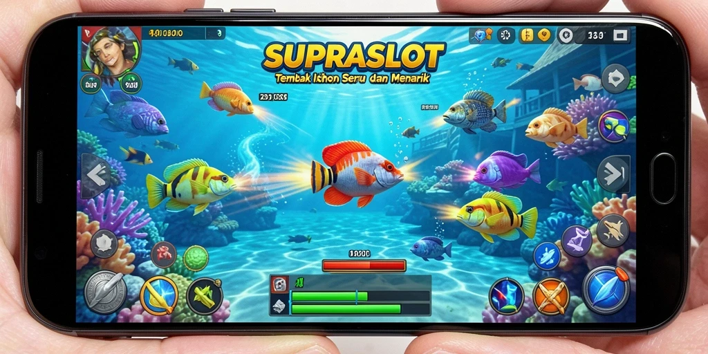 Screenshot gameplay <strong>SUPRASLOT</strong> yang memperlihatkan aksi menembak ikan.